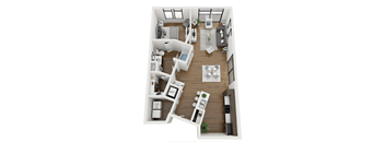 a 3d rendering of our 1 bedroom apartment at the crossings at white marsh apartments in white