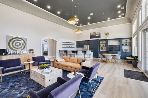 A modern living room with a blue carpet and furniture.