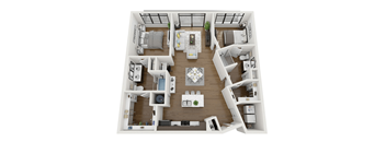 A top-down view of a modern apartment layout with a kitchen, living room, and bedrooms.