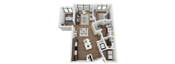 A top-down view of a modern apartment with a kitchen, living room, and bedroom.