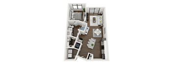 a stylized floor plan of a 1 bedroom apartment at the crossings at white marsh apartments,