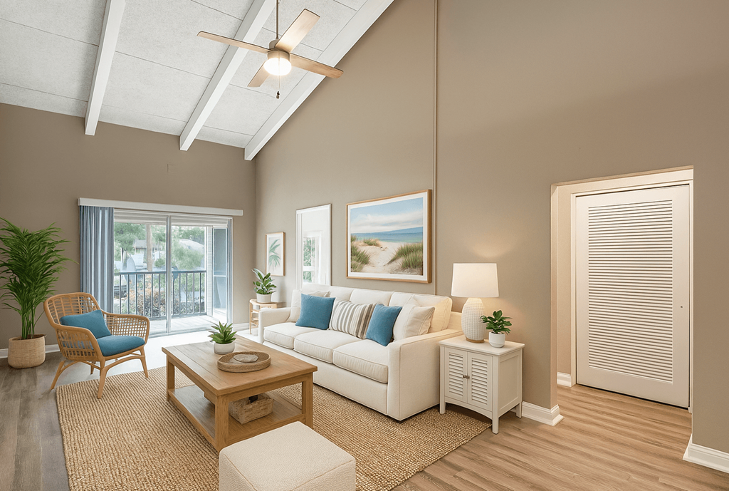 A living room with a white couch, a wooden coffee table, and a ceiling fan.