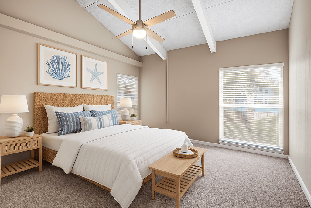 A bedroom with a bed, nightstand, and a ceiling fan.