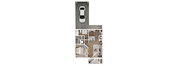A top-down view of a car parked in a garage with a bedroom and bathroom visible.