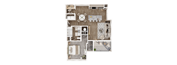 A top-down view of a house layout with a central living area, bedrooms, and bathrooms.
