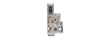 A floor plan of a house with a garage and a car.
