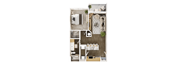 A top-down view of a small apartment with a kitchen, living room, and bathroom.