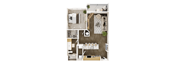 A top-down view of a small apartment with a kitchen, living room, and bathroom.