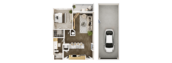 A top-down view of a car parked in a garage next to a wall.
