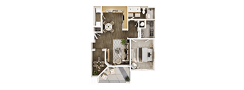 A top-down view of a house layout with a kitchen, living room, dining area, and bathroom.