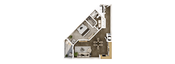 A top-down view of a house layout with a living room, kitchen, and dining area.