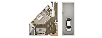 A top down view of a house interior and a car parked in a garage.