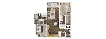 A top-down view of a modern, minimalist apartment layout.