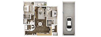 A top down view of a house interior and a car.