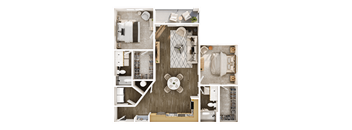 A top-down view of a small apartment layout with a kitchen, living room, and bathroom.