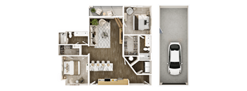 A top-down view of a house layout with a car parked outside.
