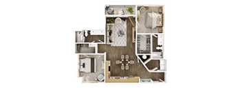 A top-down view of a house layout with a kitchen, living room, and bathroom.