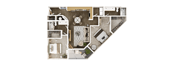 A top-down view of a house layout with a kitchen, living room, and bathroom.