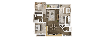 A top-down view of a house layout with a kitchen, living room, and bathrooms.