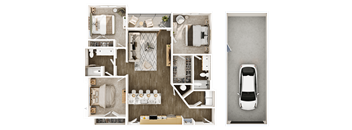 A top-down view of a house layout with a car parked outside.