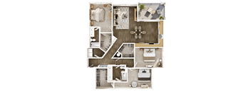 A top-down view of a house layout with a kitchen, living room, and bathrooms.