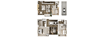 A set of four floor plans for a house with a car parked outside.