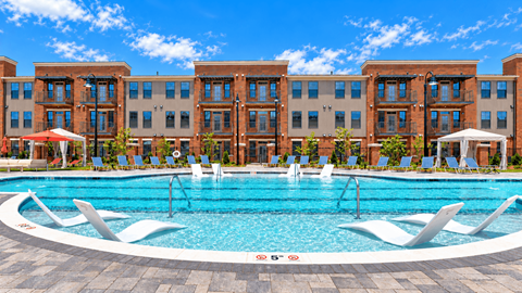 Pool sun shelf with white in-water loungers and nearby cabanas at Argento at Oakland Springs Apartments in Madison, AL.