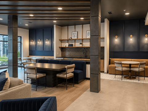 Clubroom with group workspace, café seating and kitchenette at Argento on the Broad in Arden, NC
