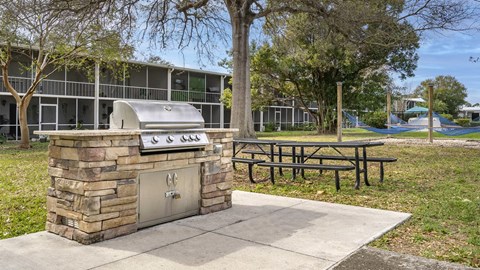 Outdoor grilling and picnic area with hammocks at Waterchase Apartments in Largo FL