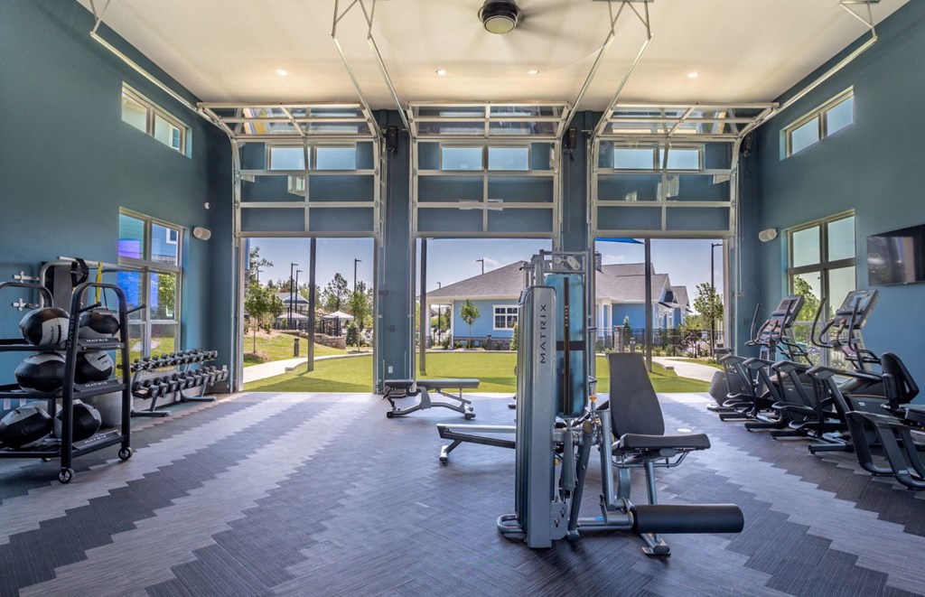 brand new fitness center features free weights, medicine balls and slam balls. There are three garage doors opening to to the plush green yoga lawn. Bikes and other machines are also present. The ceiling has a large fan and the walls are a calming tone of greenish blue.