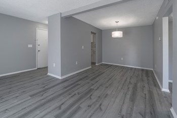 Updated living room with grey walls, modern plank flooring and modern pendant light - Photo Gallery 3