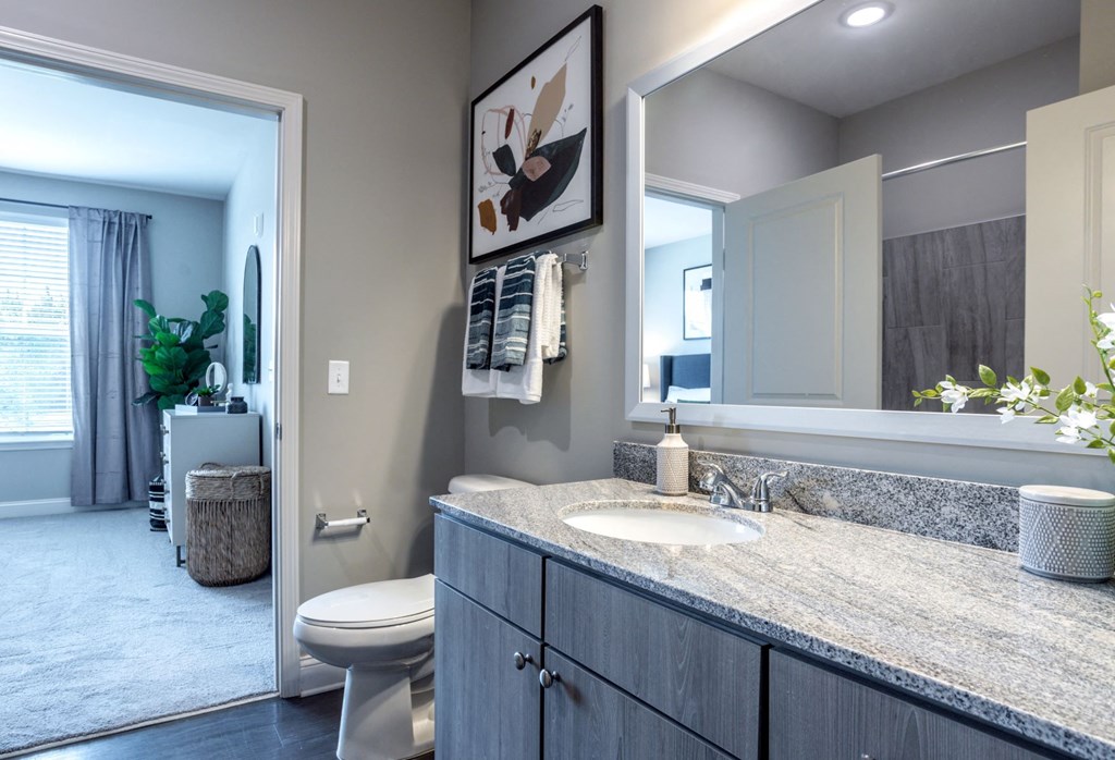 Model bathroom with grey sleek cabinets and brushed nickel fittings, granite marbleized looking counter and very large vanity.  Hand towels hanging and artwork behind the toilet. Door leads to bedroom with carpet and window featuring faux wood blinds.