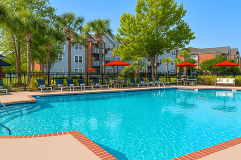 A large swimming pool surrounded by trees and chairs.