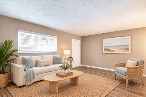 A living room with a white sofa, a wooden coffee table, a wicker chair, and a painting on the wall.