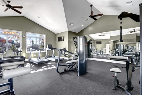 Ultramodern fitness center with cardio equipment and free weights at Wellsley Park in Knoxville, TN