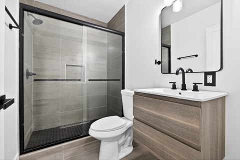 A modern bathroom with a walk-in shower and a white toilet.