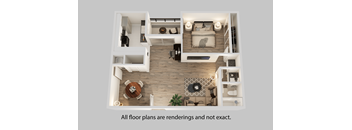 A 3D rendering of a modern, minimalist apartment layout.