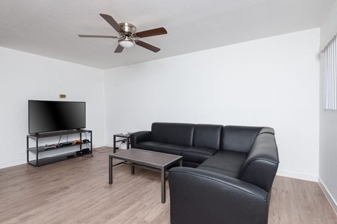 a living room with a couch coffee table and a tv