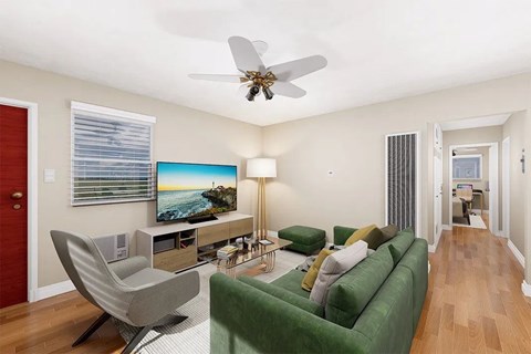 A living room with a green couch and a television.