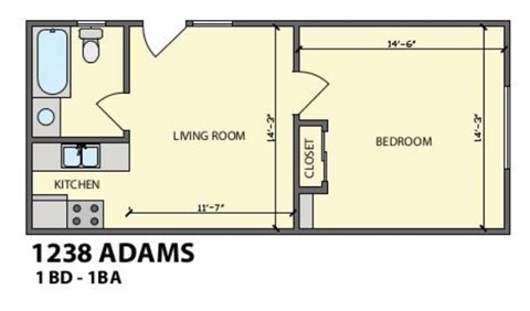 A floor plan of an apartment at 1238 Adams Street shows a living room, a bedroom, a kitchen, and a closet.