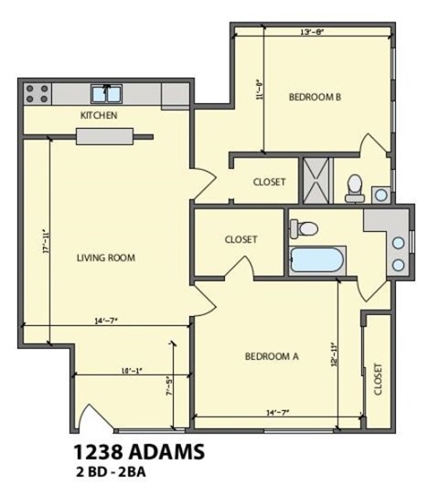 A floor plan of a two bedroom apartment at 1238 Adams street.