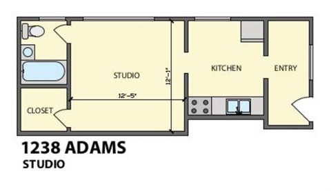 A floor plan of a studio apartment with a kitchen, entry and closet.