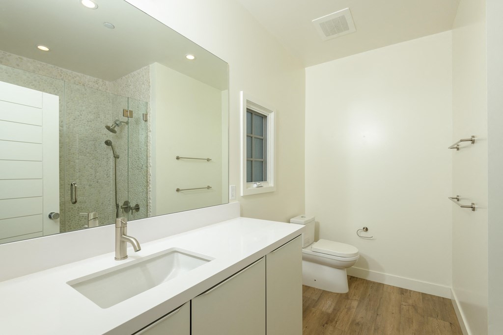 a bathroom with a sink and a shower and a toilet