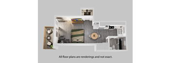 a bedroom with a bed and a desk in a room