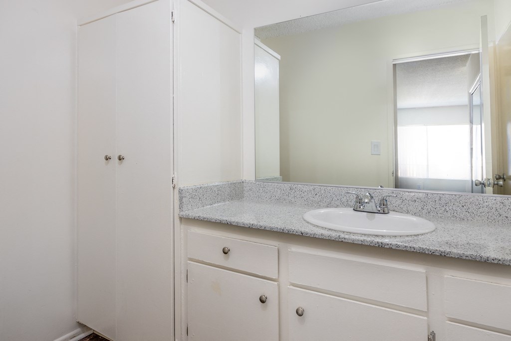 a bathroom with a sink and a mirror