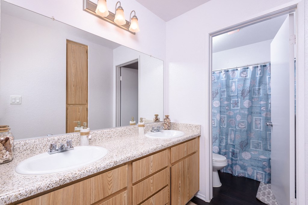 a bathroom with two sinks and a shower and a toilet