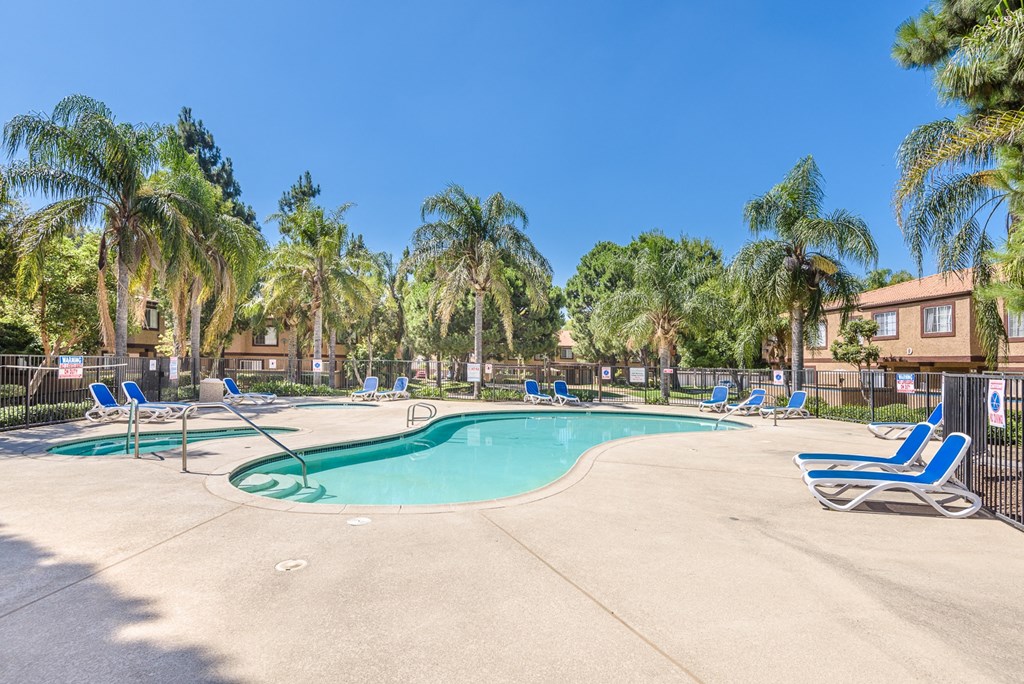 our apartments have a resort style pool with chairs and palm trees