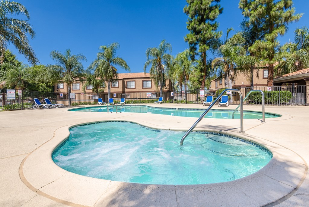 our apartments offer a resort style pool with chairs and trees