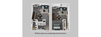 Two images of a dollhouse floor plan with furniture and a note that all floor plans are renderings and not exact.