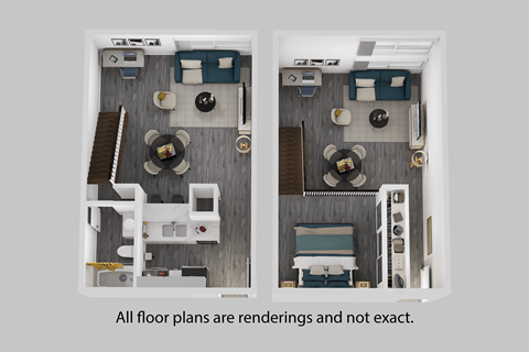 Two images of a dollhouse floor plan with furniture and a note that all floor plans are renderings and not exact.